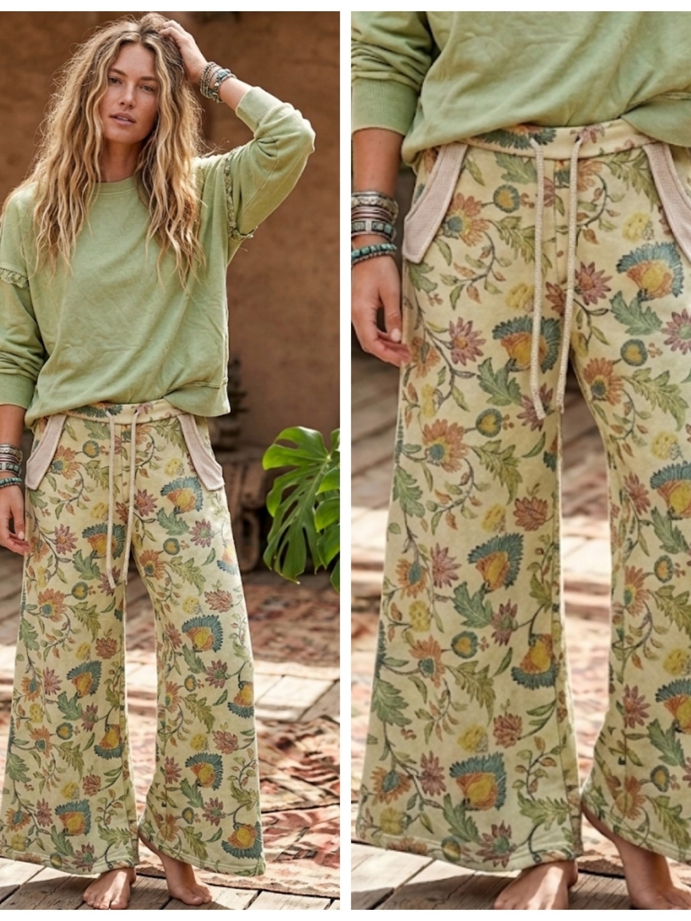 Boho Floral Wide-Leg Lounge Sweatpants Pants - Sage Floral